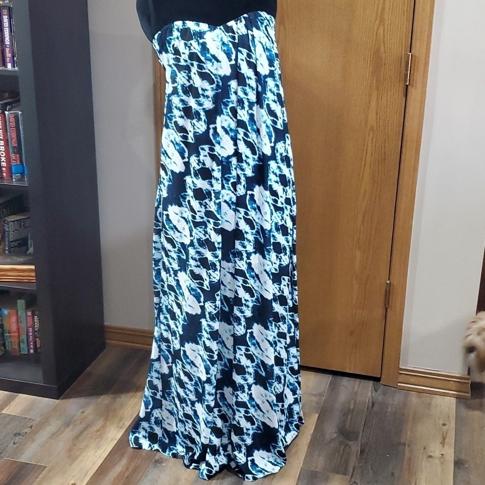 Lovers + friends strapless blue abstract flowing maxi dress
